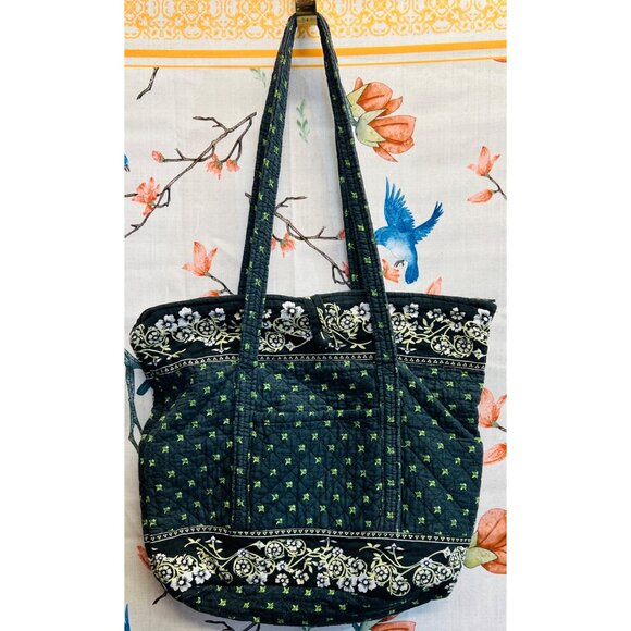 Quilted Pattern Navy Floral Tote Bag Button Closure, Long Handles, Pockets 17x14 - Picture 1 of 3